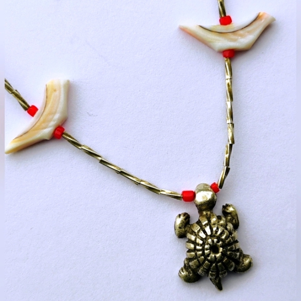 Vintage Sterling Silver Turtle Choker Necklace & Zuni Bird Fetish Glass beads